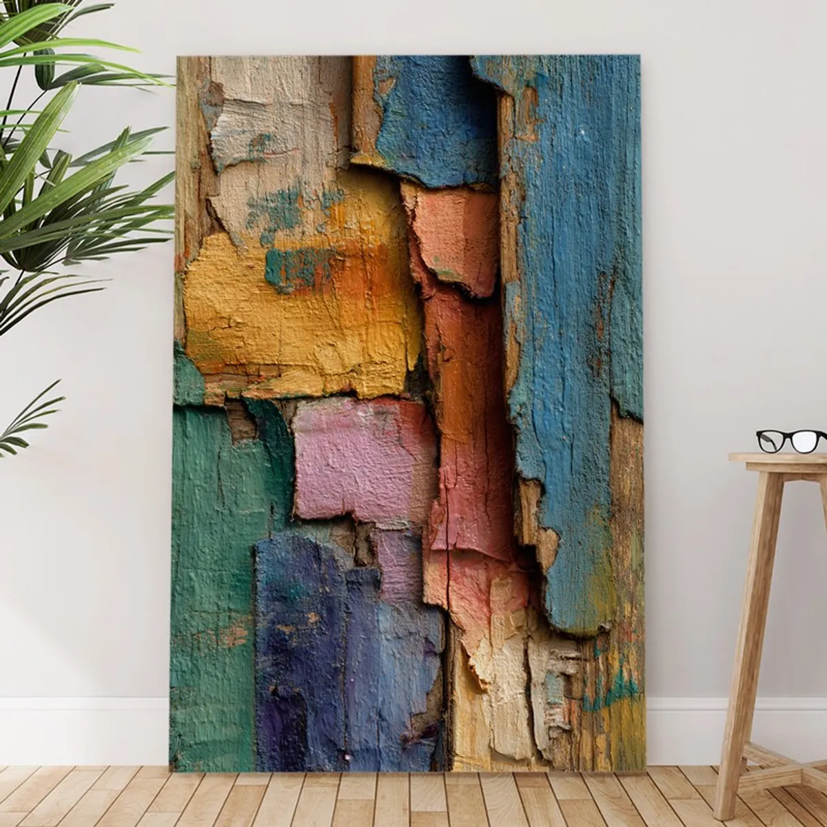 Large gallery-wrapped abstract wall painting with weathered plank design in a room setting