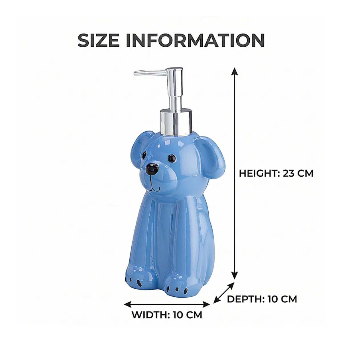Blue dog-shaped liquid dispenser shown with size diagram