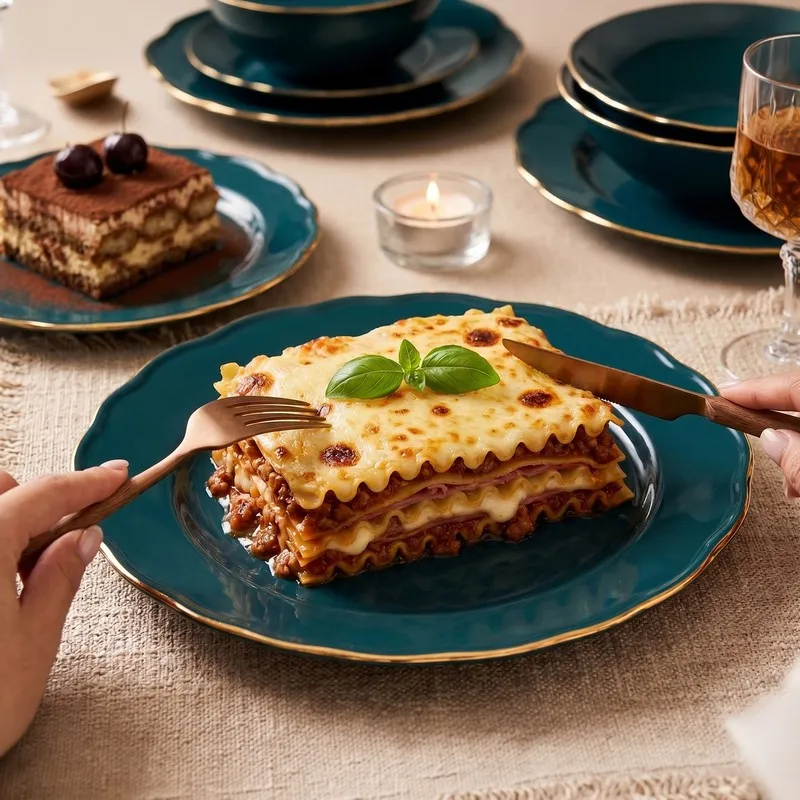 Dark teal plate with gold rim styled with a plated meal on a dining table