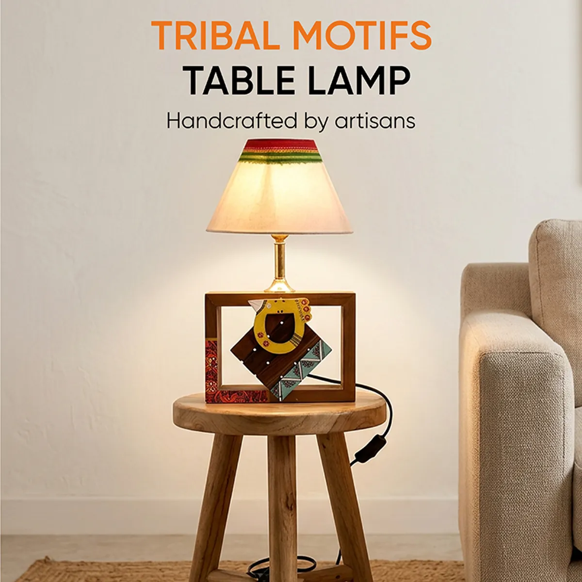Multicolour table lamp with ethnic-style base placed on a round stool
