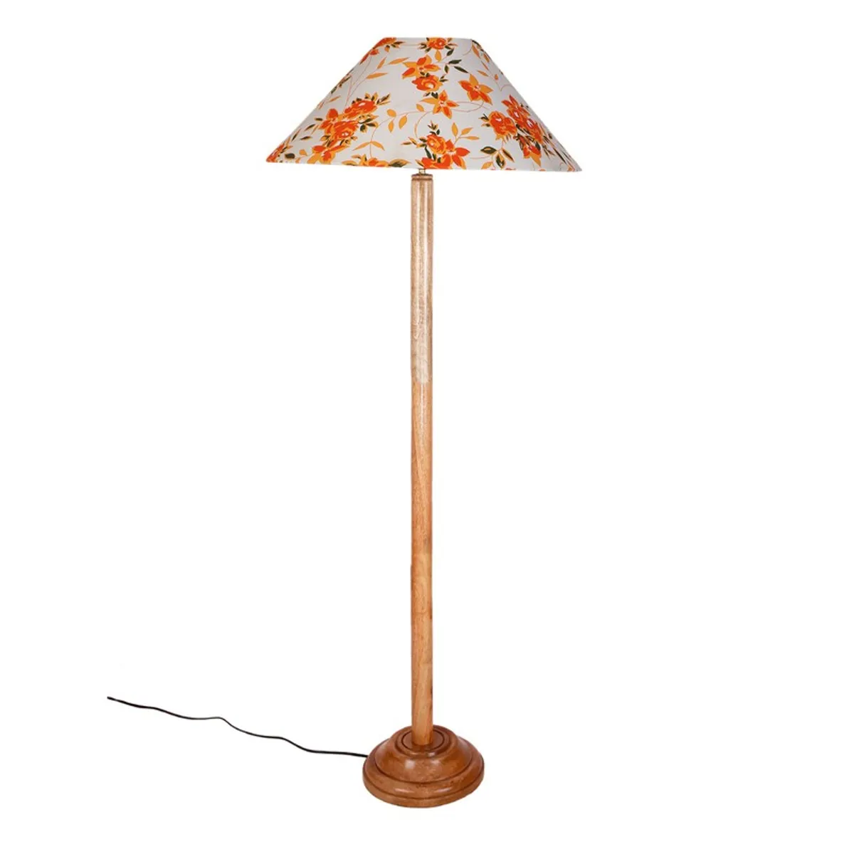 Wooden floor lamp with cream and orange floral shade on a plain white background.