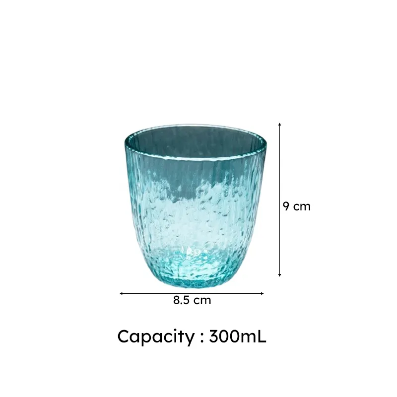 Single blue textured drinking glass with capacity shown in image