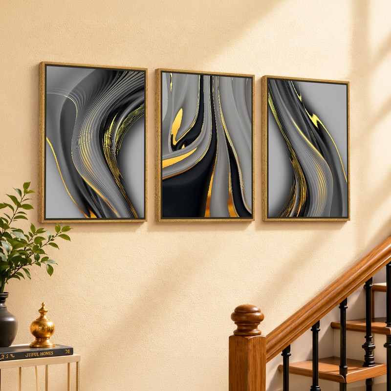 Lunaris Flow Canvas Wall Painting With Frame - Set of Three