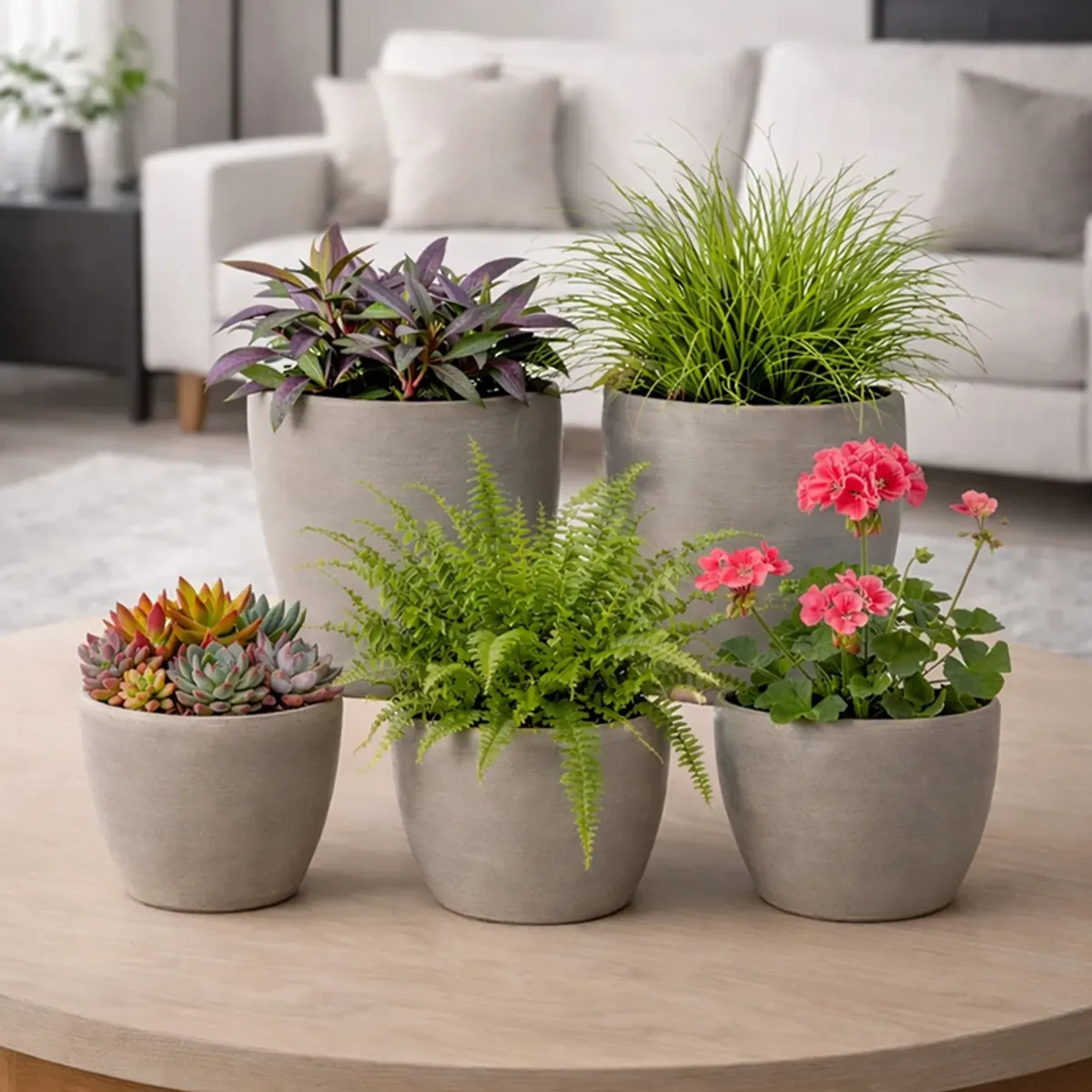 Five grey planters displayed together on a wooden table in a living room