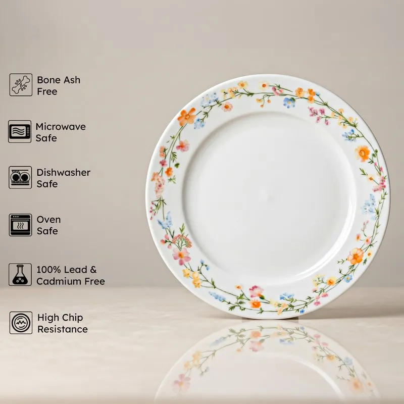 Single porcelain plate with floral border shown against a neutral backdrop