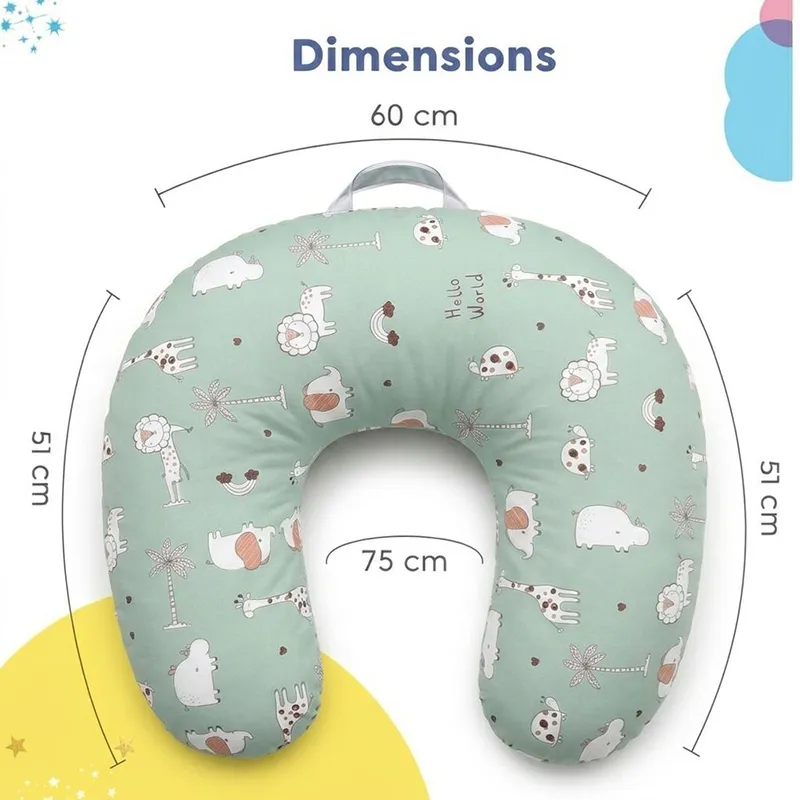 Green U-shape feeding pillow shown with printed dimension markings