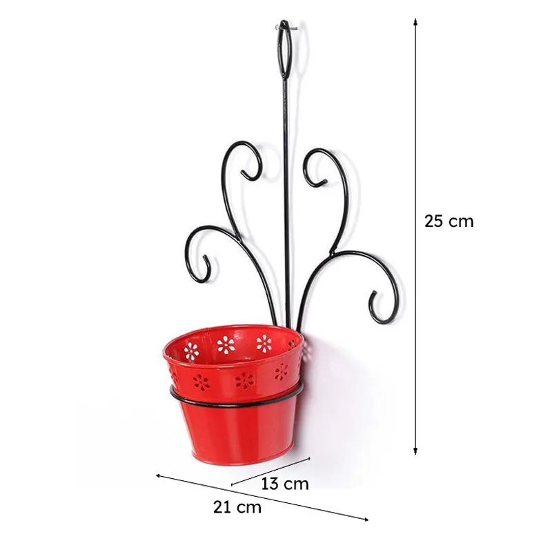 Red metal planter with floral cutouts and black hanging holder with dimensions shown