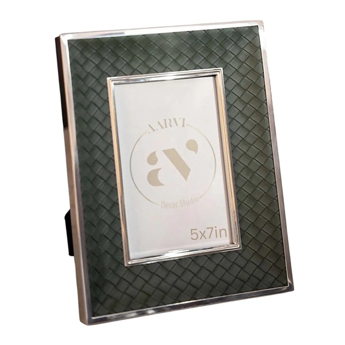 Angled view of the green and silver rectangular photo frame