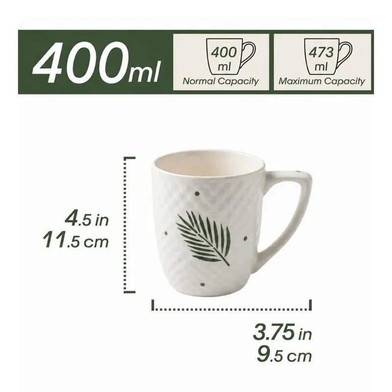 White leaf-print mug shown with visible height and width measurements