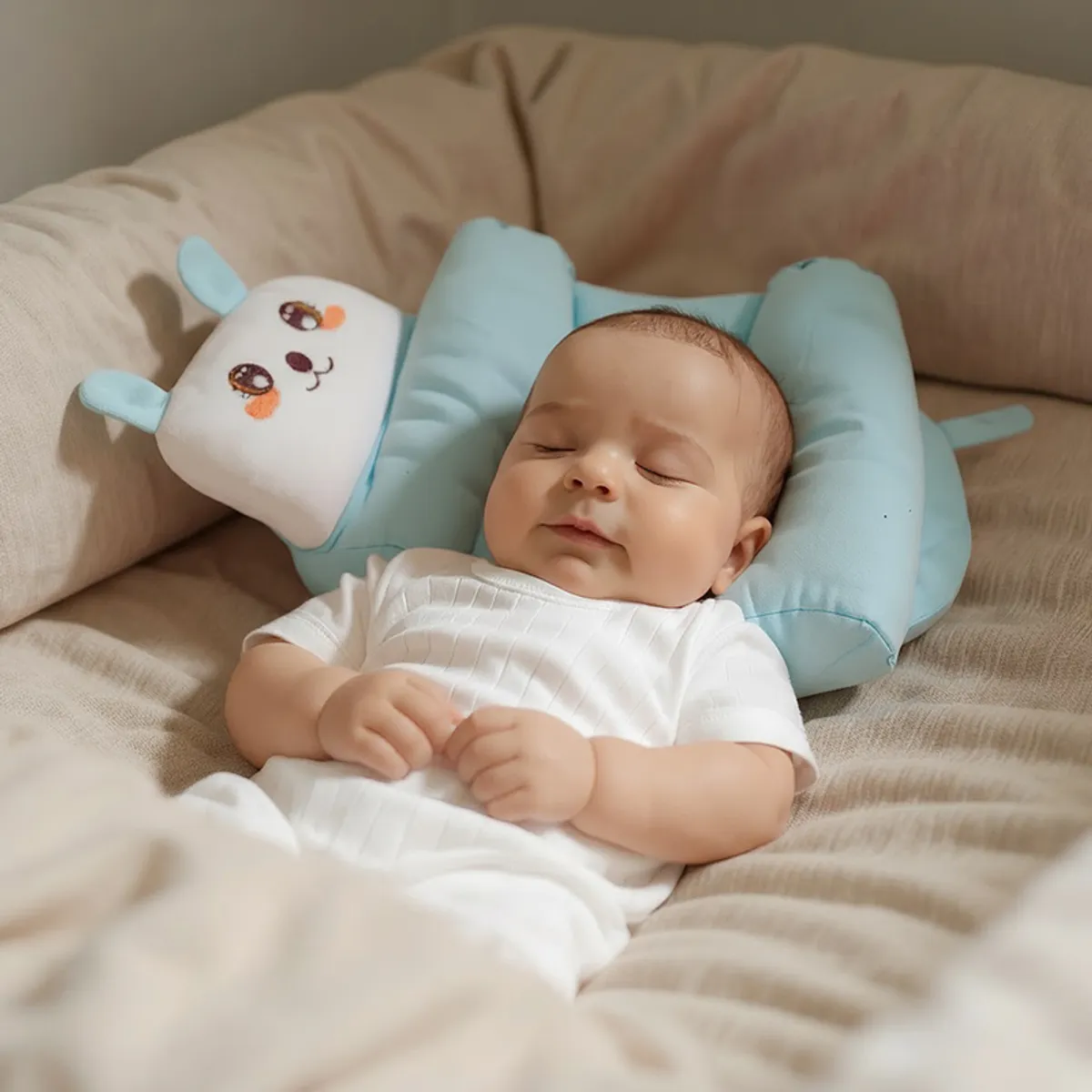 Baby resting on a blue head support pillow with bunny face detail