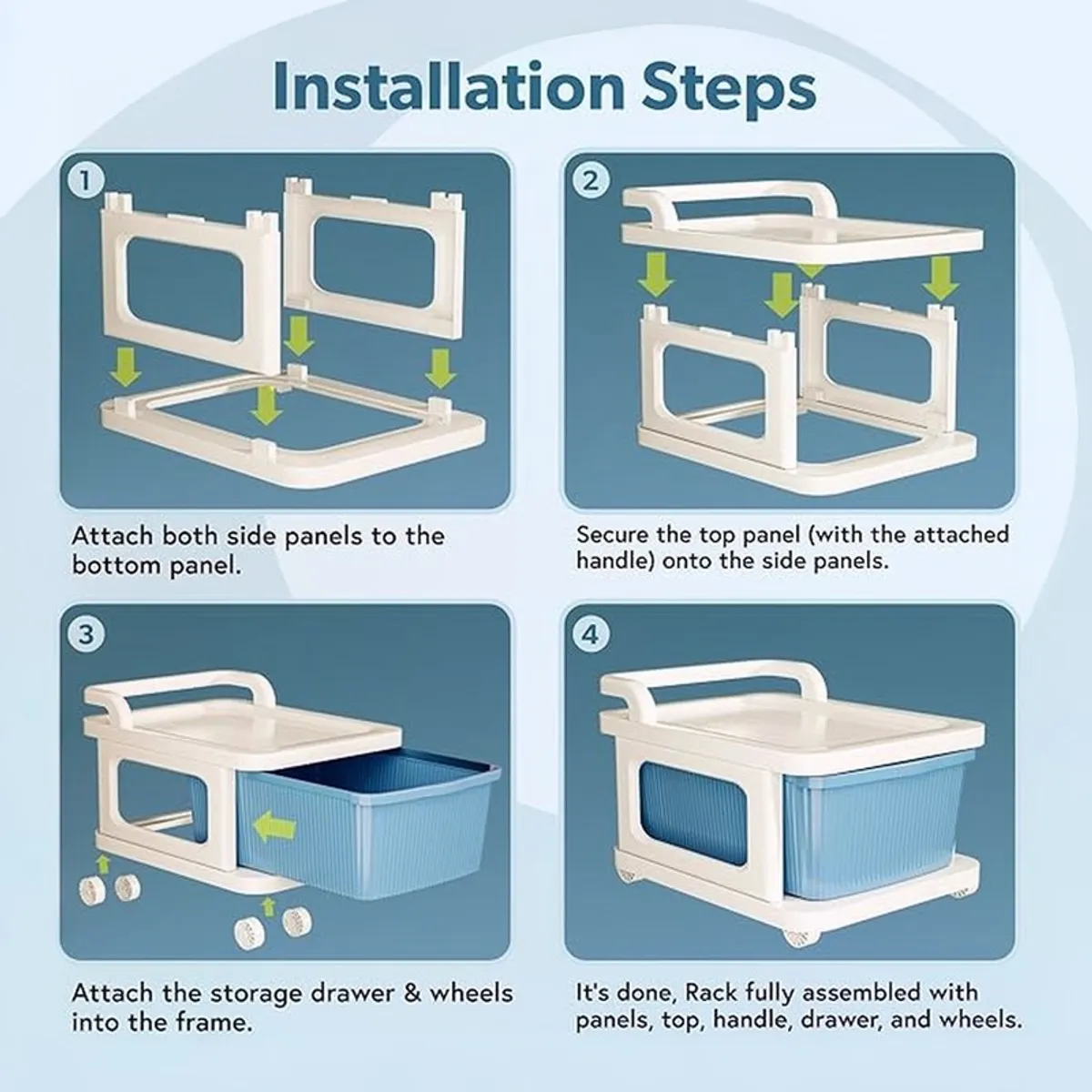 Illustrated assembly steps for the storage rack, including panels, drawers and wheels