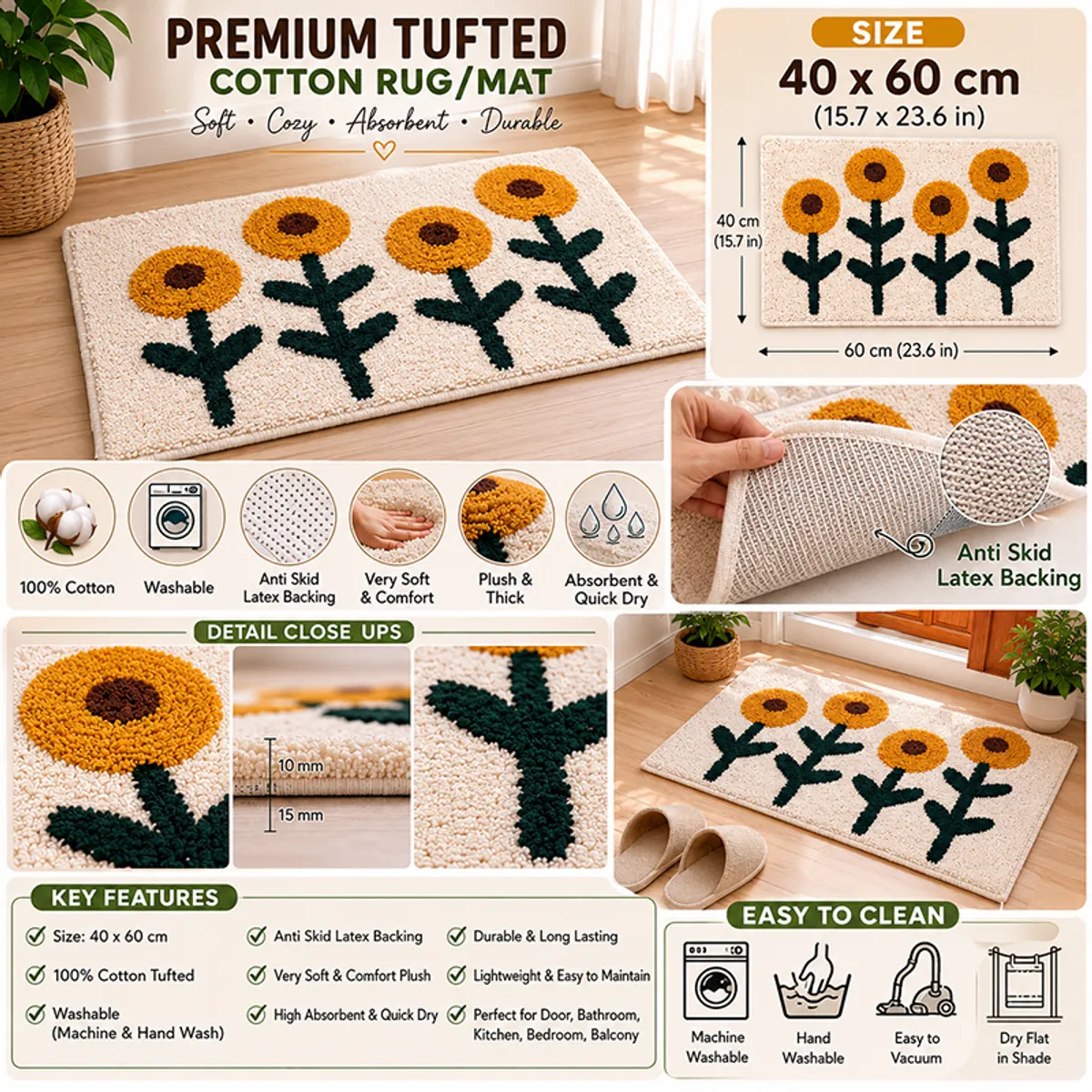 Collage showing the floral bath mat, close-ups and anti-skid backing