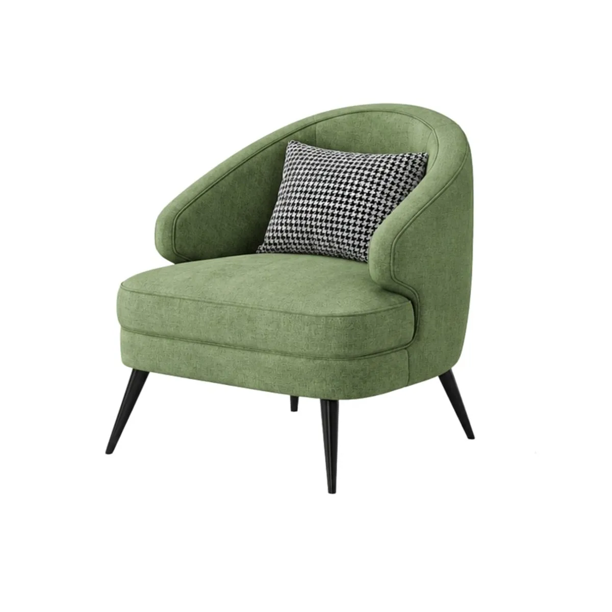 Side angle of a sage green rounded accent chair with black legs