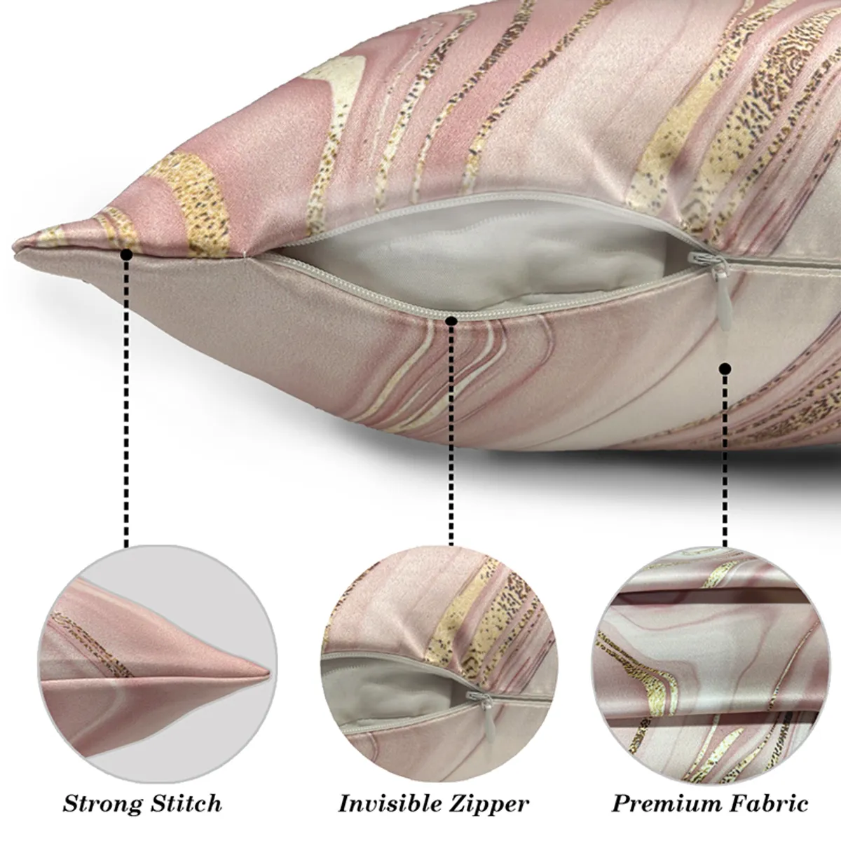 Close-up of the cushion cover's zip closure and printed pink marbled fabric.