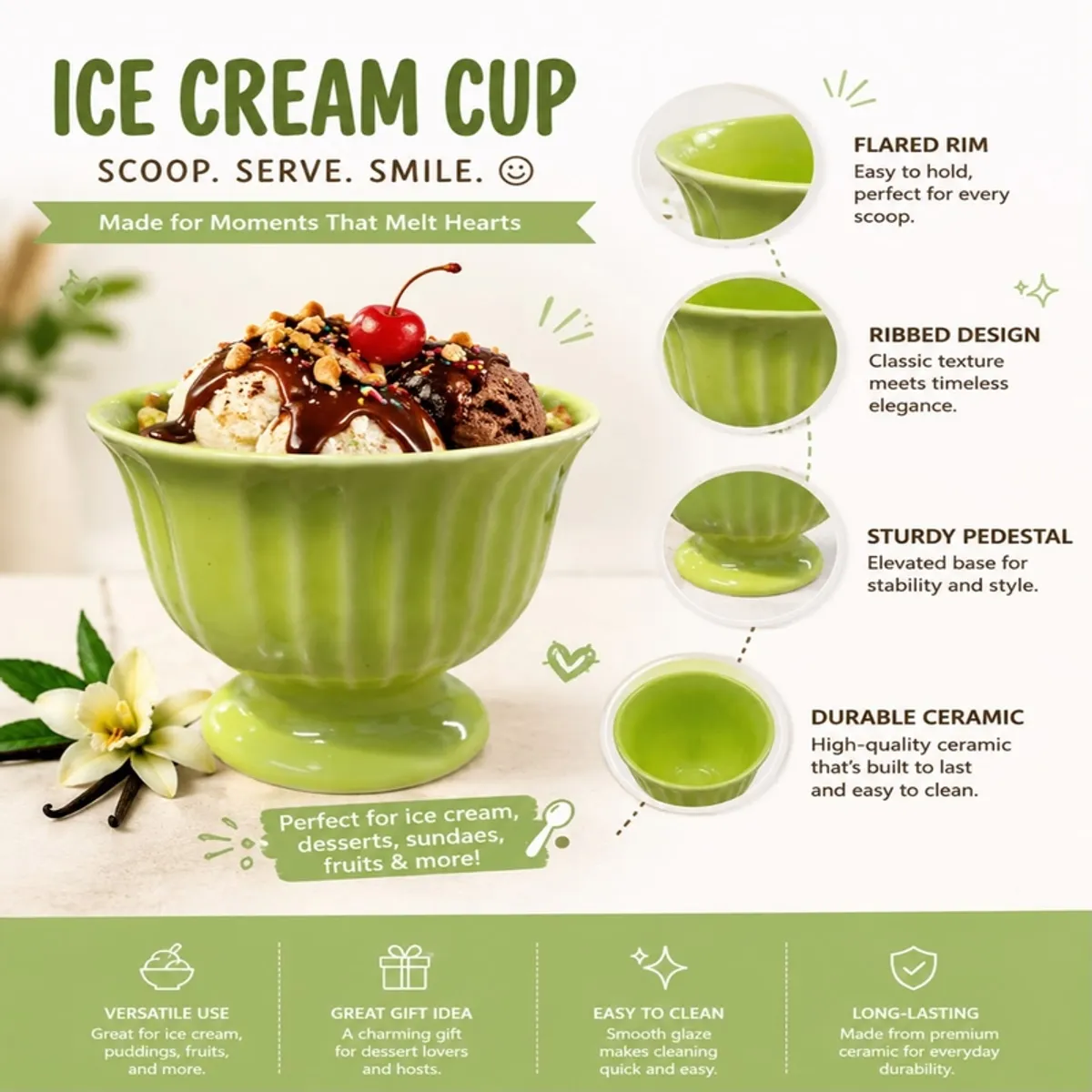 Green ribbed pedestal dessert cup shown with a flared rim and ice cream