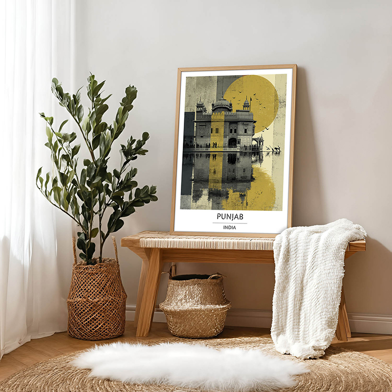 Eternal Harmandir Reflection Punjab Wall Art With Brown Frame - Small