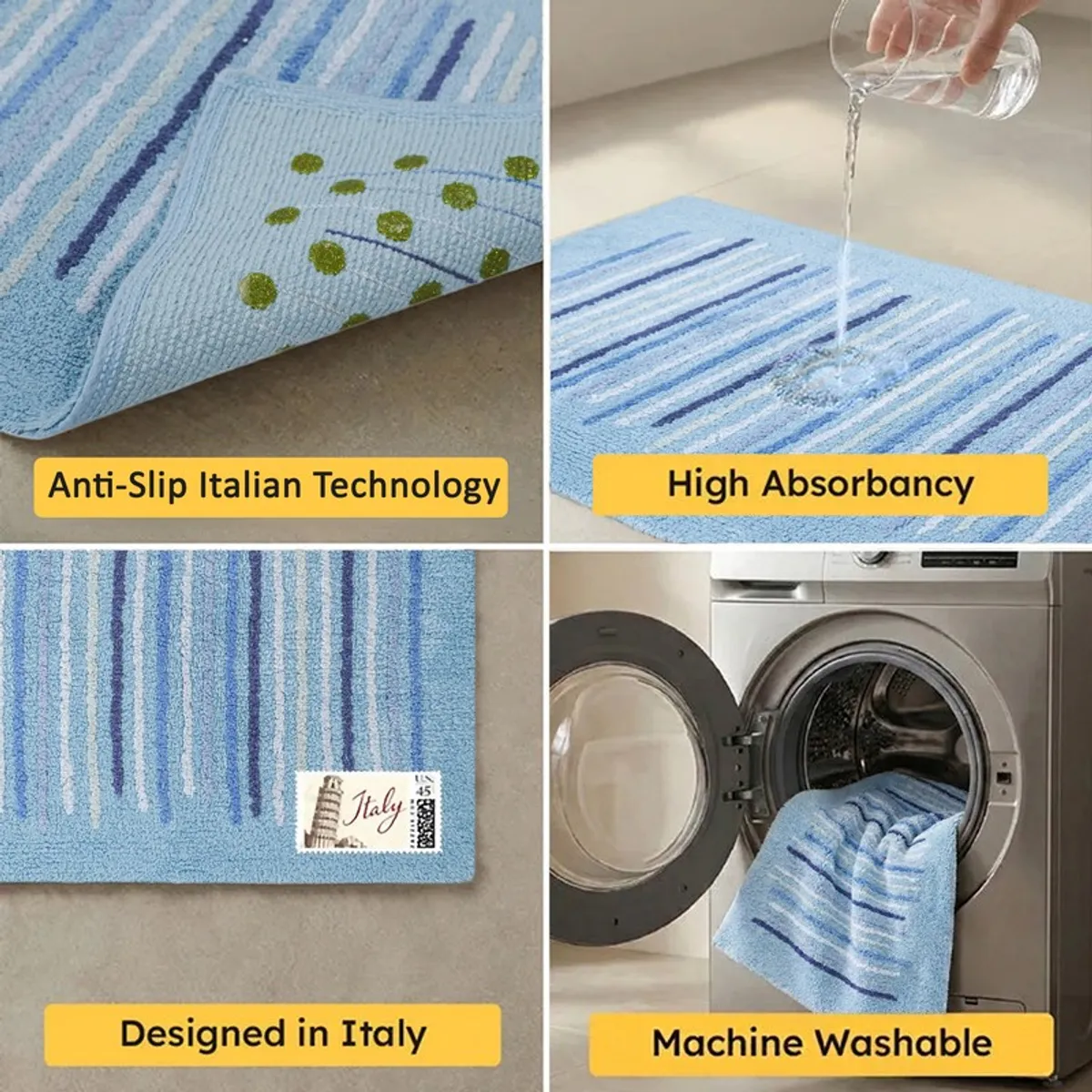 Blue striped bath mat absorbing water on a tiled floor