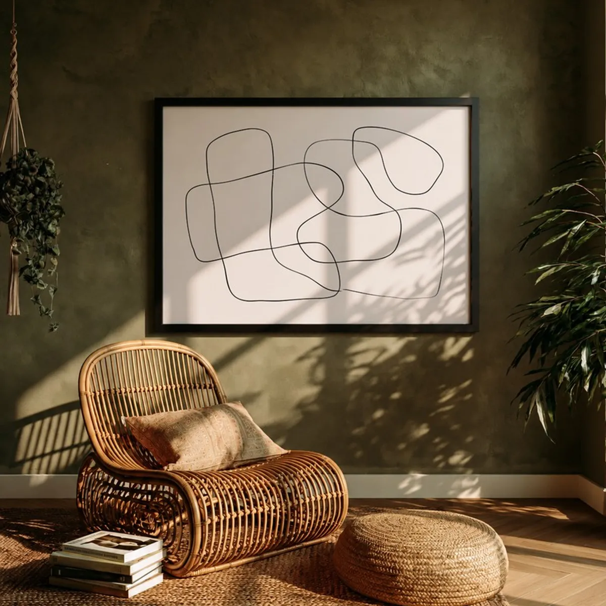 Large black framed abstract line painting styled above a rattan chair