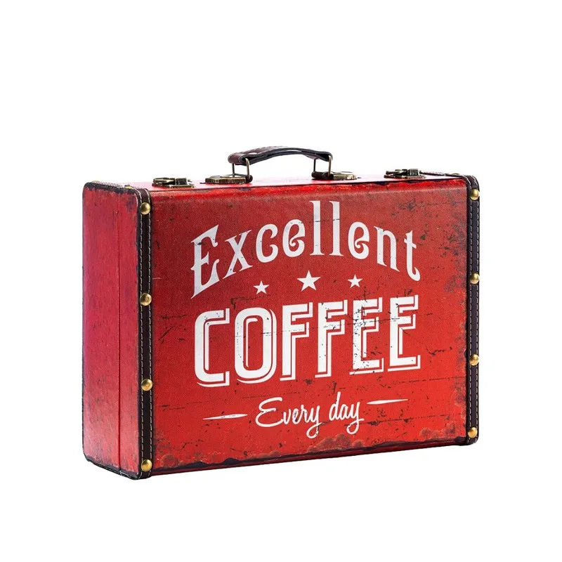 Red rectangular storage box with white coffee typography, dark trim, handle and metal latches