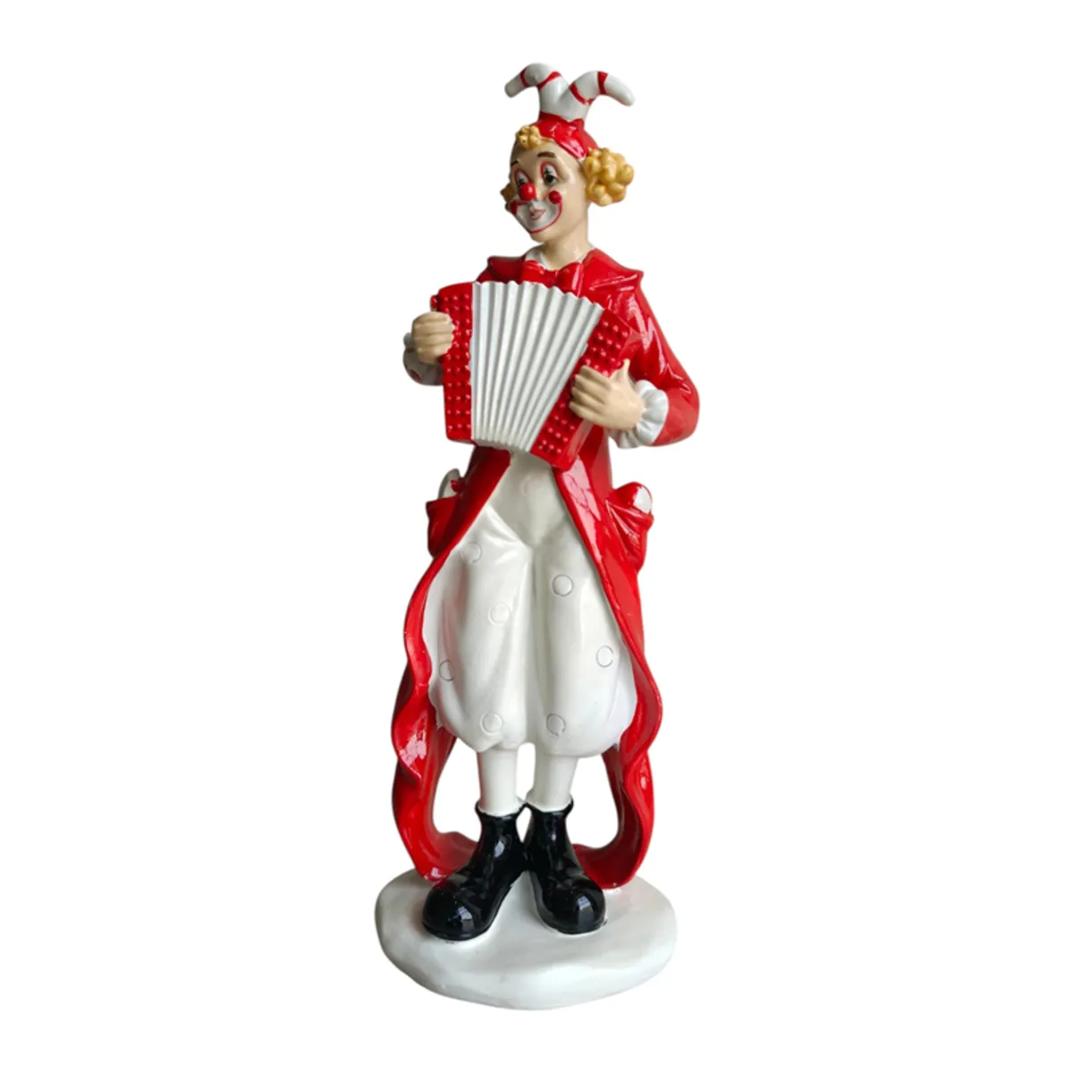 Front view of a colourful clown figurine holding an accordion