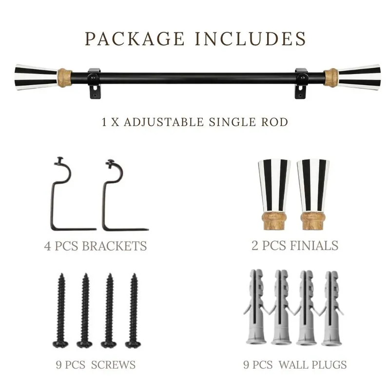 Curtain rod set with finials and brackets displayed on a white background