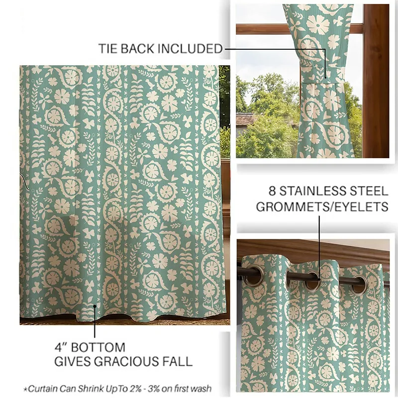 Green floral printed curtain shown in a collage-style product display