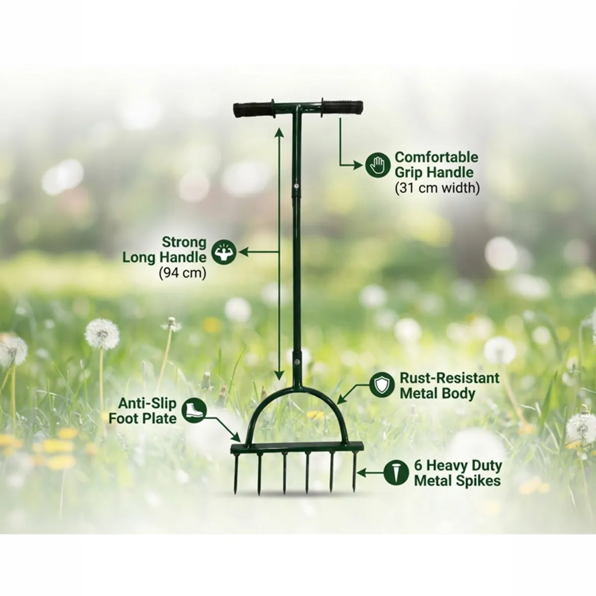 Green metal soil cultivator shown with long handle and multi-tined head