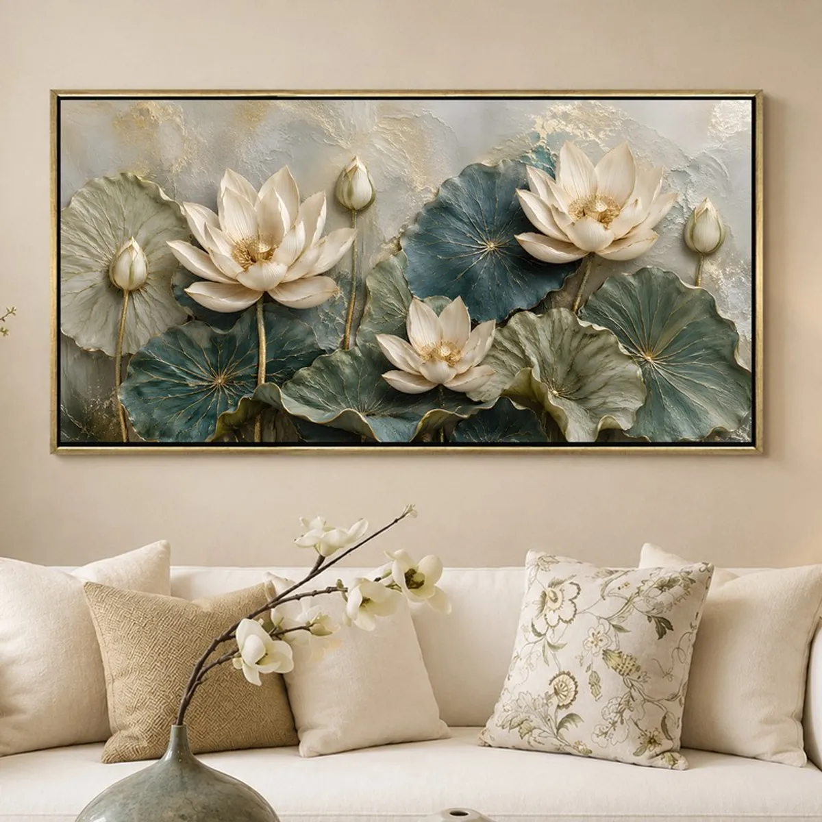 Large rectangular lotus wall painting displayed above a cream sofa