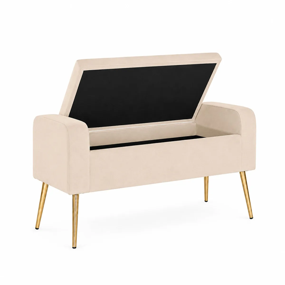 Open beige bench showing the hidden storage compartment beneath the lift-up lid