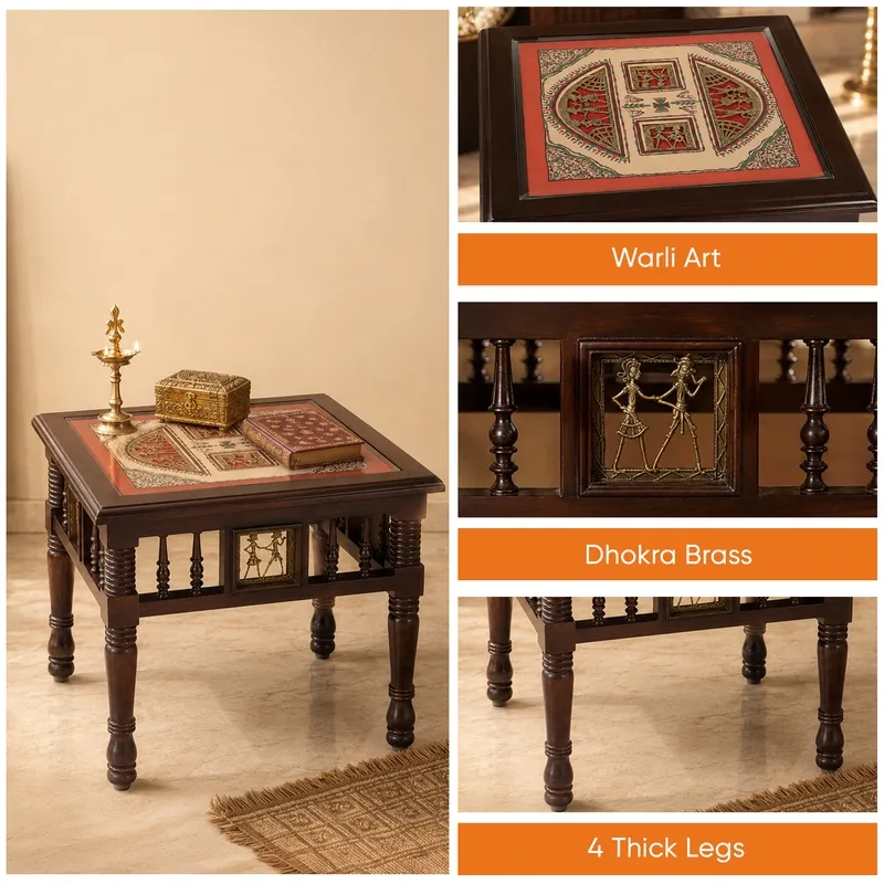 Decorative wooden side table with traditional art details and turned legs