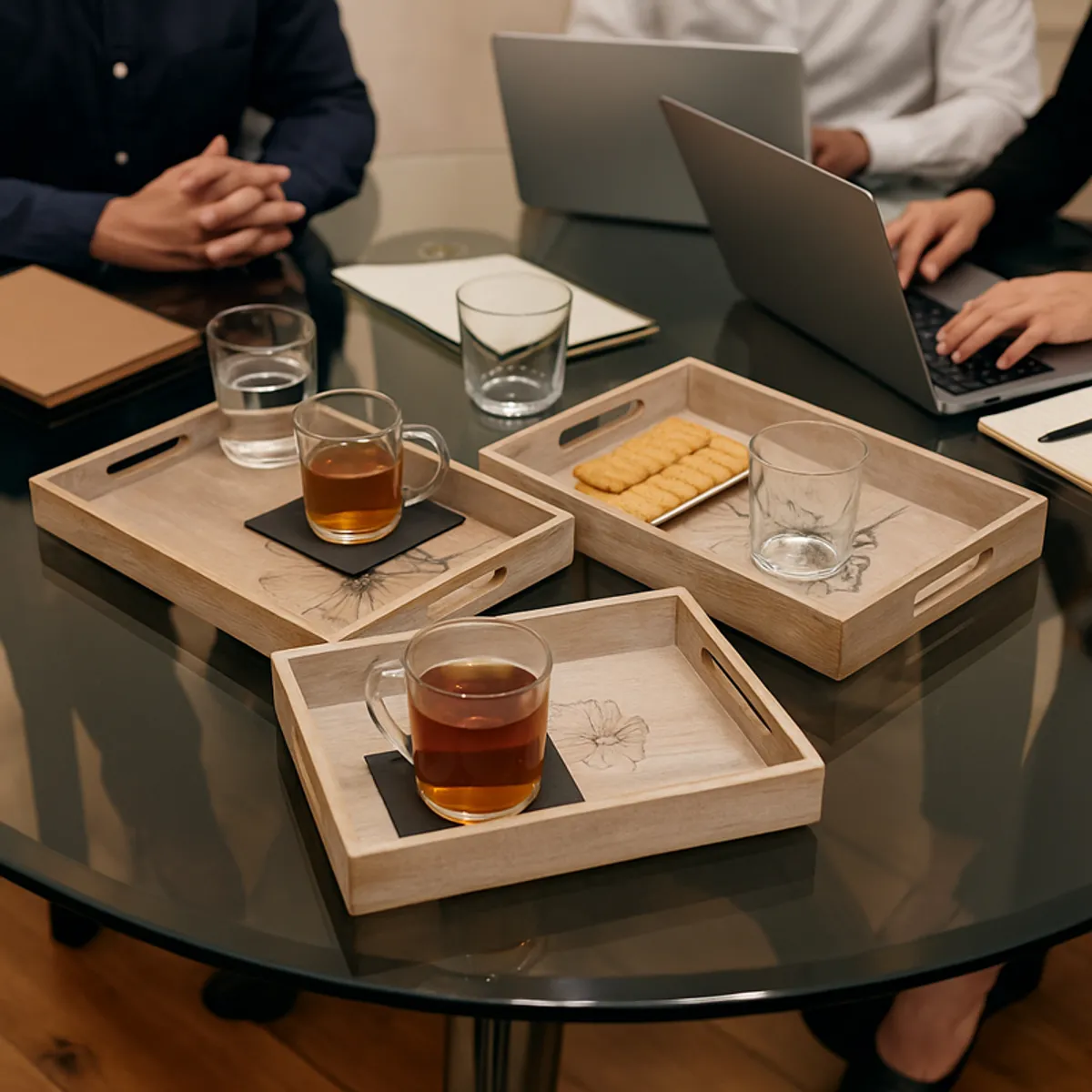 Three wooden trays with floral designs holding drinks and snacks on a table
