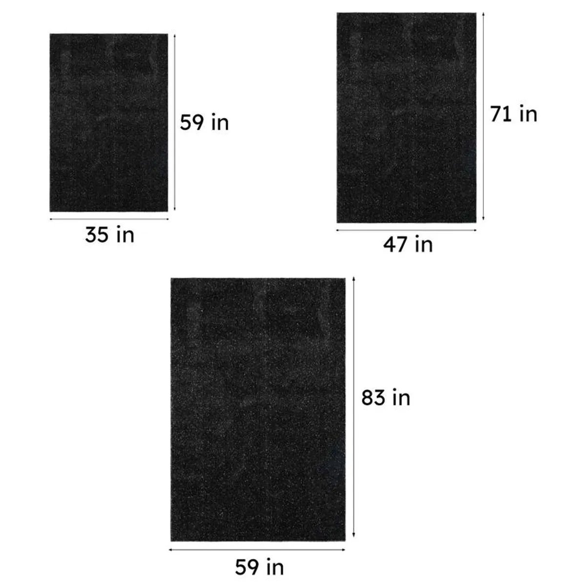 Black carpet shown in three available rectangular size proportions