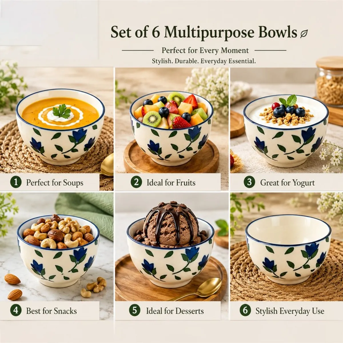 Floral ceramic bowl shown serving soup, fruit, yoghurt, nuts and dessert