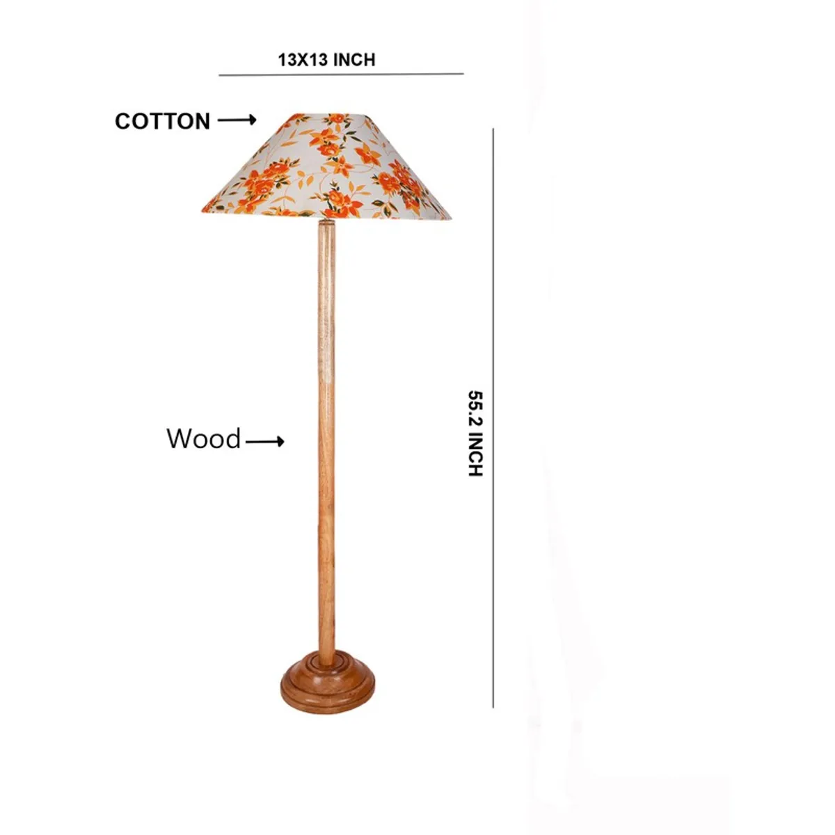 Floor lamp isolated on white with measurement guide lines around the shade and height.