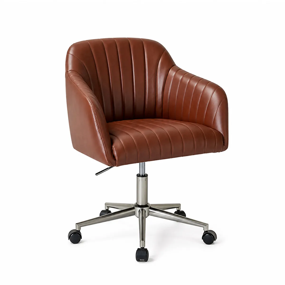 Front view of a brown ribbed leatherette office chair with curved arms