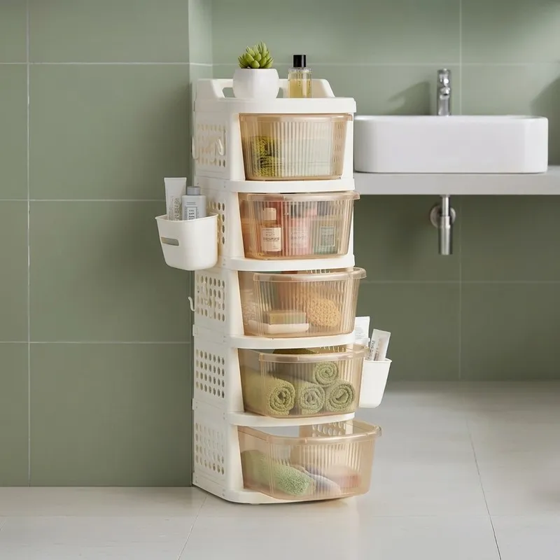 Five-tier ivory storage rack with translucent drawers beside a bathroom sink