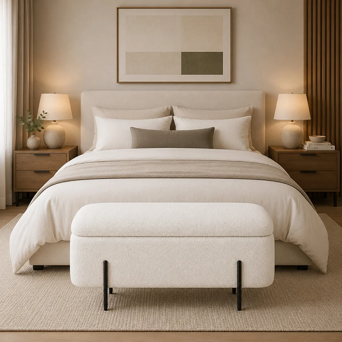 White bench positioned at the foot of a neatly made bed