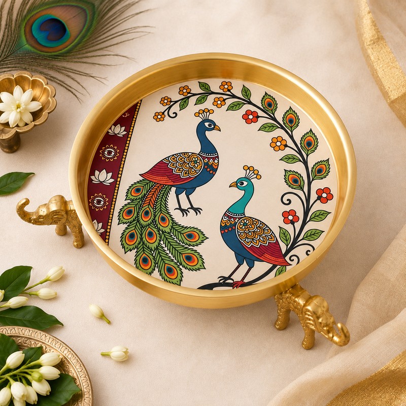 Peacock Pichwai Metal Urli - Title