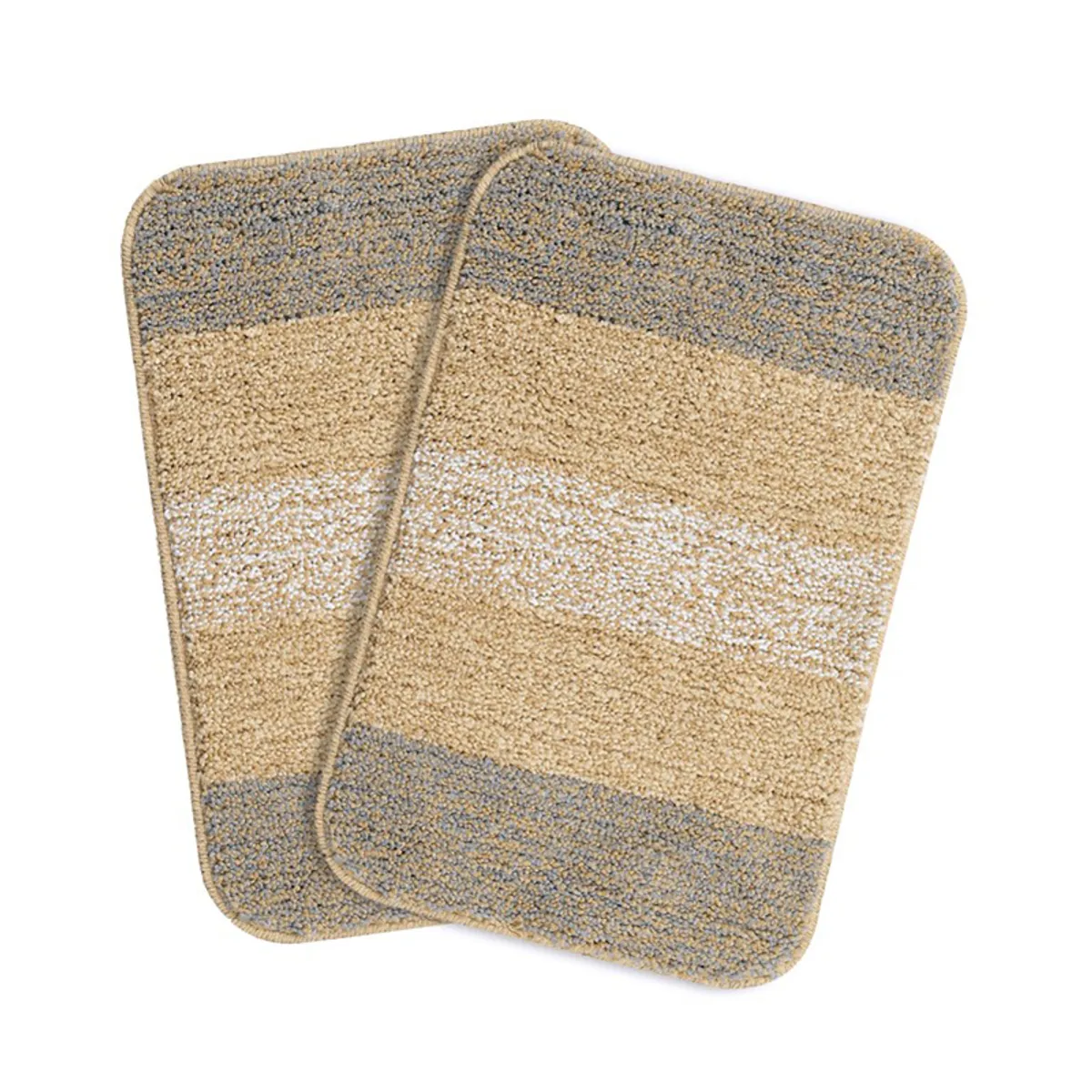 Two rectangular beige and grey striped bath mats shown overlapping on a white background.