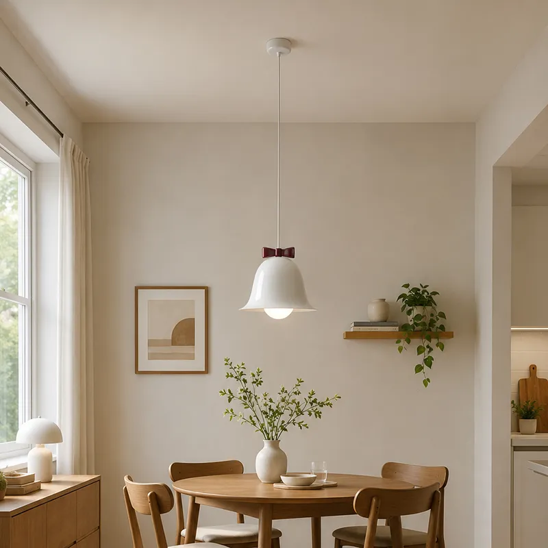 White bell-shaped pendant lamp with red bow detail above a round dining table