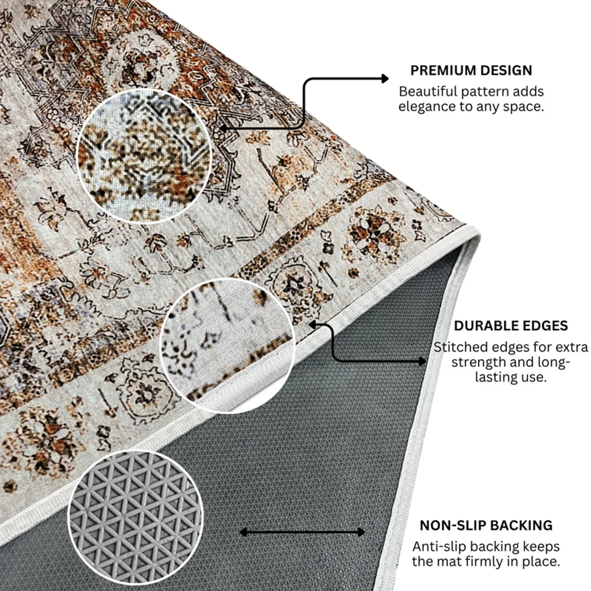 Close-up view of ornate carpet surface and dark anti-slip backing