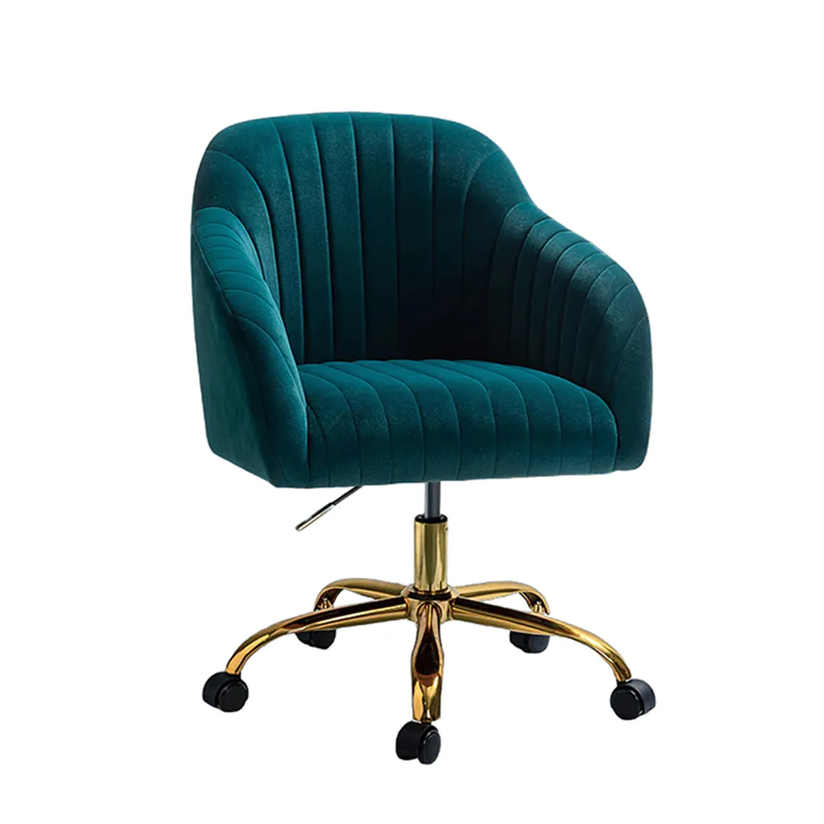 Front view of a teal velvet office chair with curved arms and caster wheels