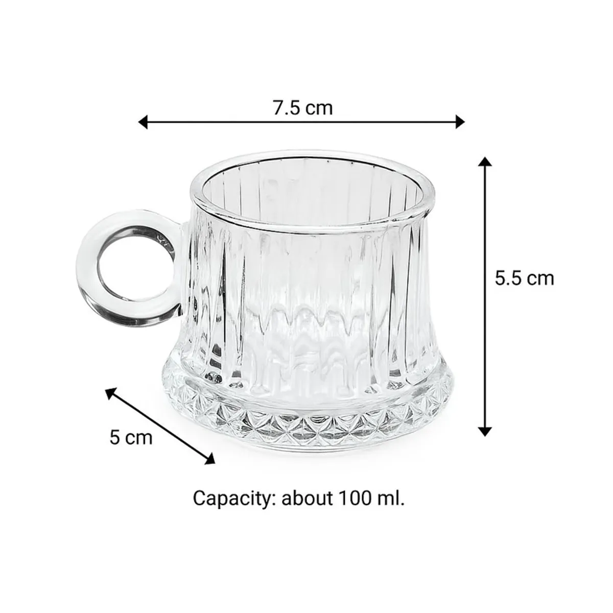Clear glass tea cup shown with dishwasher-safe and easy-to-clean feature icons.