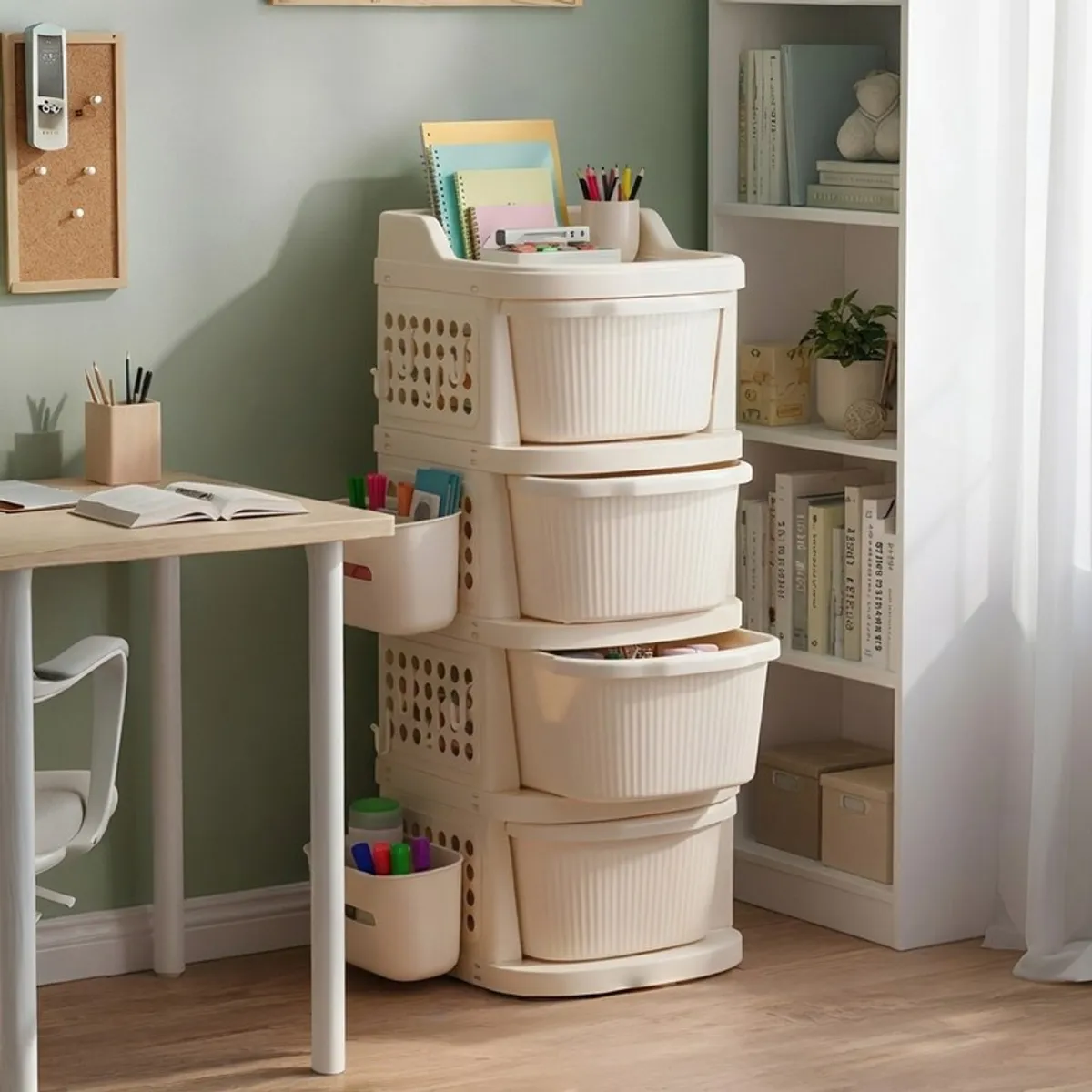 Ivory four-tier rack with side baskets styled beside a home office desk.