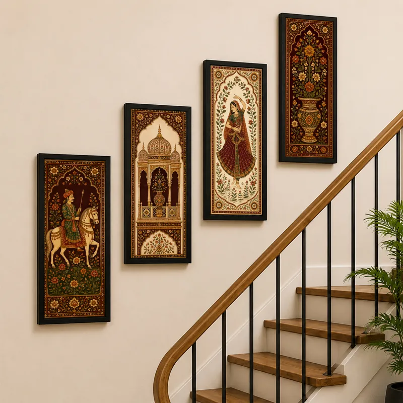 Four framed heritage-style wall paintings arranged along a staircase wall.
