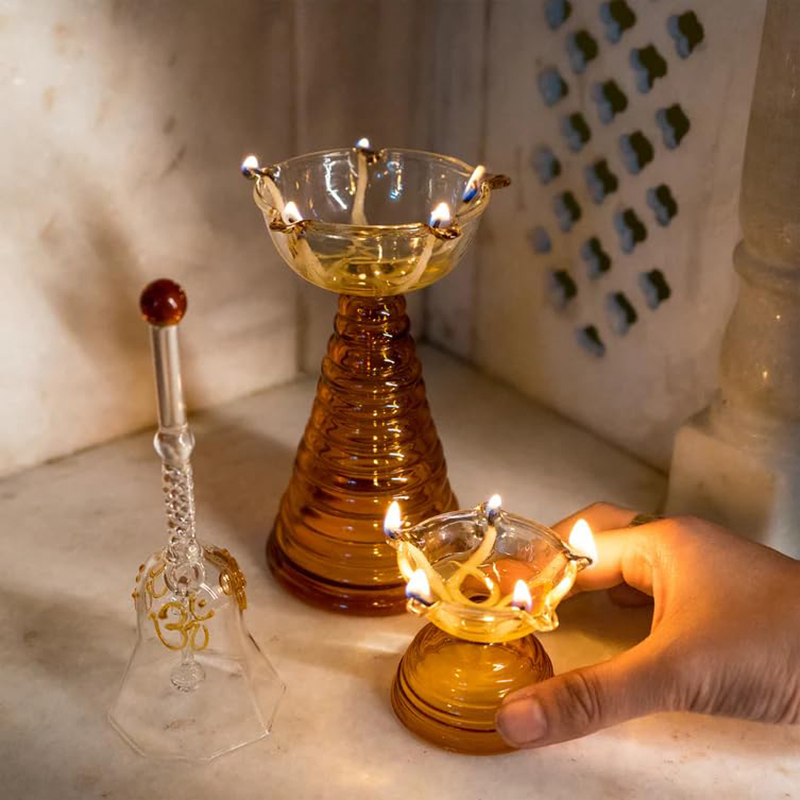 DevDhwani Glass Pooja Bell (Brown & White) - Three Piece Set