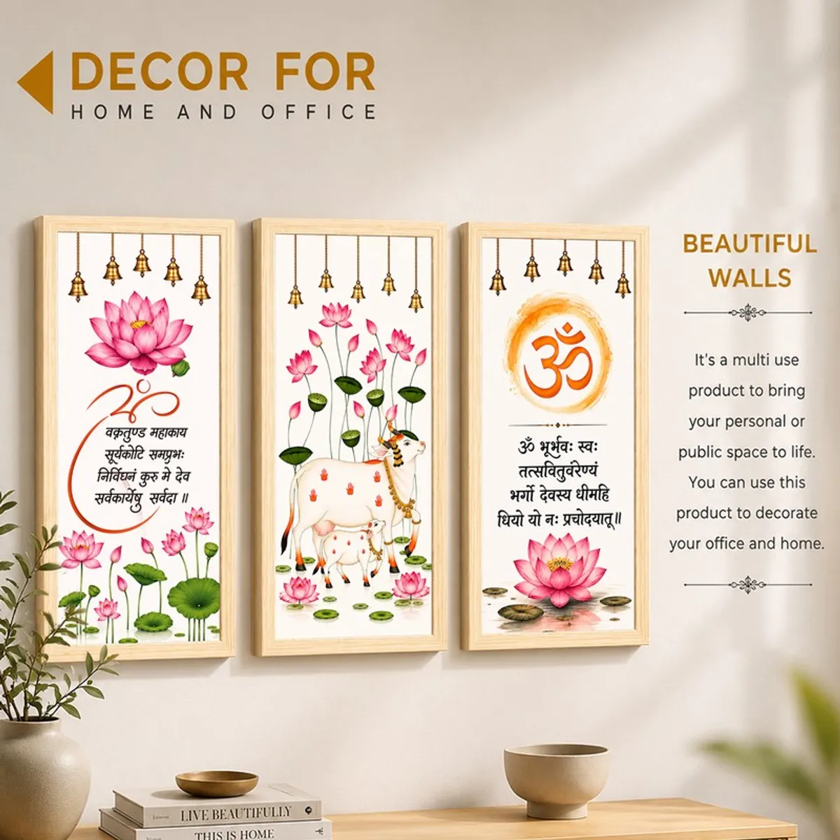 Three framed spiritual artworks with lotus flowers and sacred motifs arranged on a wall.