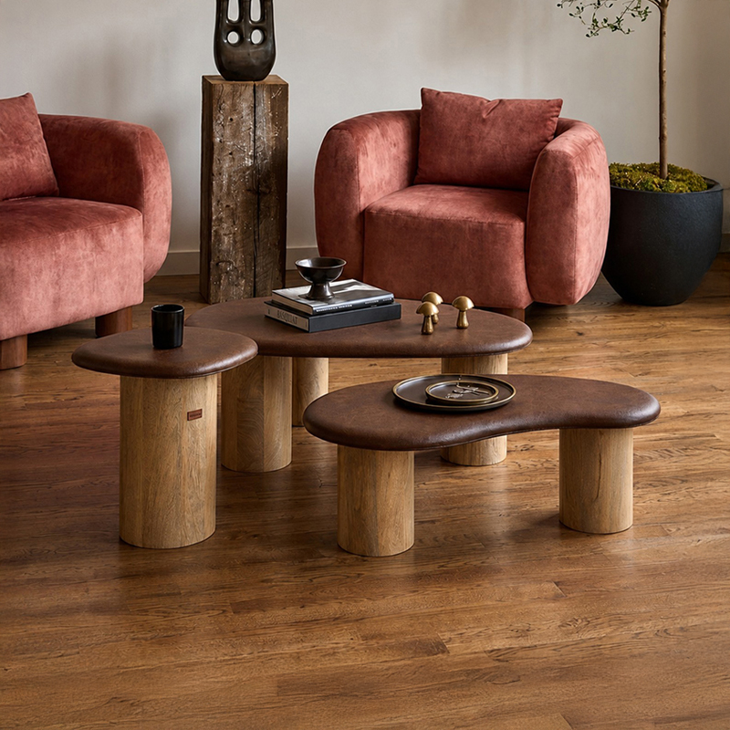 Seaside Leatherette & Mango Wood Centre Table - Set of Three