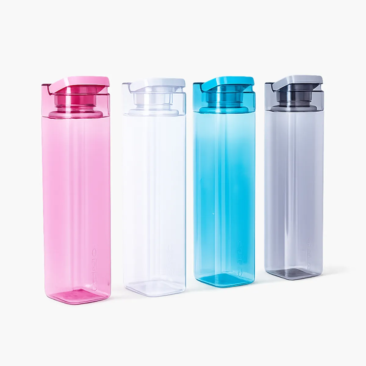Four pink, clear, blue and grey cubic-inspired water bottles shown against a white background.