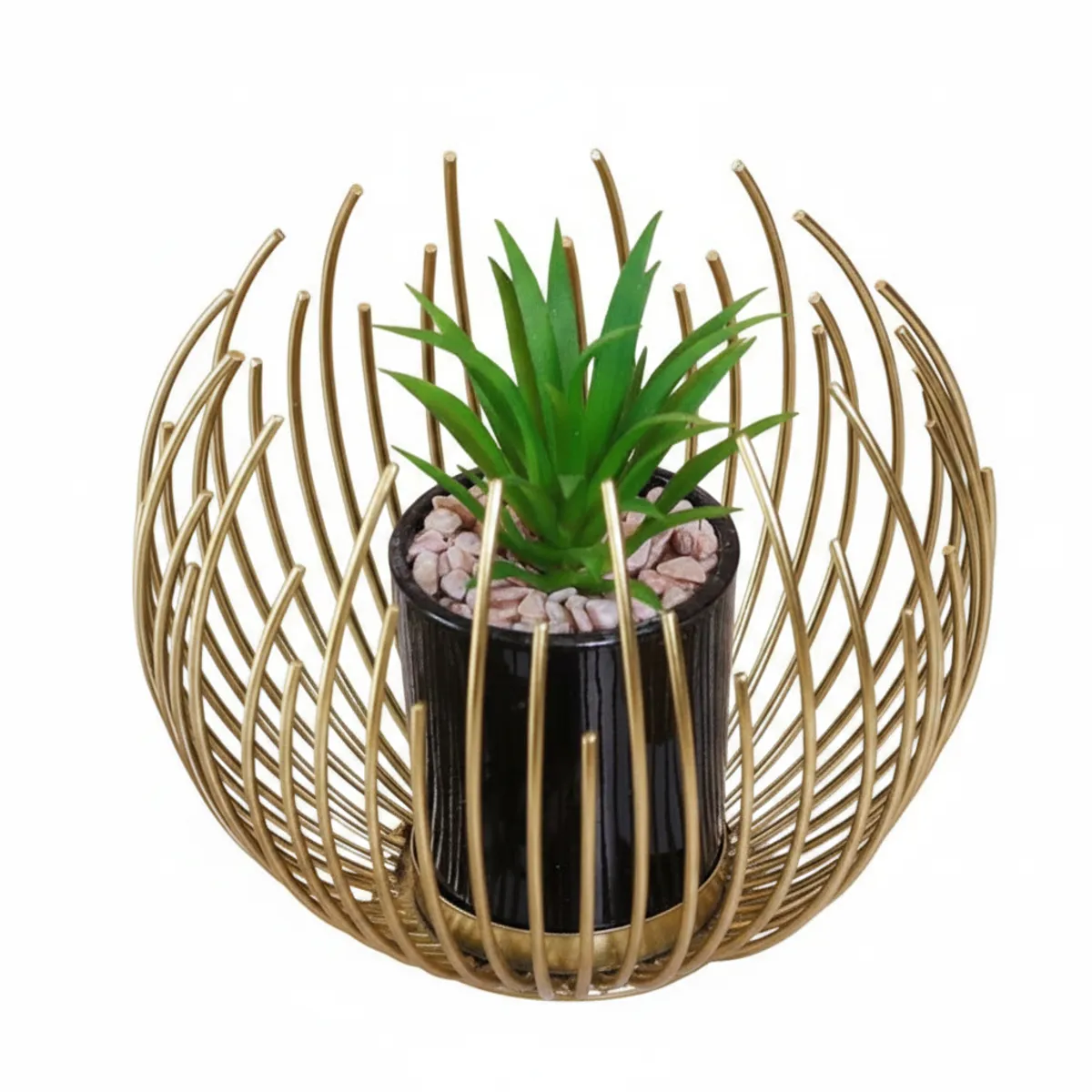 Single gold crown-wrap planter with black inner pot on white background